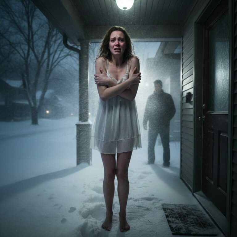 I never thought the man I married would scream, “Freeze out there for all I care!” as he shoved me into the winter night wearing nothing but my nightgown. My hands shook as I raised a stone to break the window—until our elderly neighbor stepped out of the darkness and whispered, “My son is your husband’s boss. Stay with me. Tomorrow he’ll crawl.” I didn’t know then… that tomorrow would change everything.
