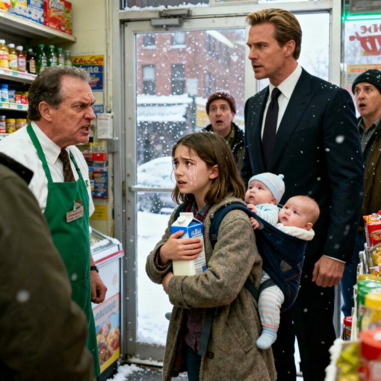 “¡Lárgate! ¡Y no vuelvas jamás!” El grito retumbó mientras me empujaban fuera de la tienda, aún aferrando la caja de leche que necesitaban mis hermanos. Sentí la vergüenza arder en mi rostro… hasta que una voz grave detrás de mí dijo: “¿Quién se atreve a tratar así a una niña que solo intenta sobrevivir?” Me giré… y lo que vi cambió mi destino para siempre. ¿Quieres saber qué pasó después?