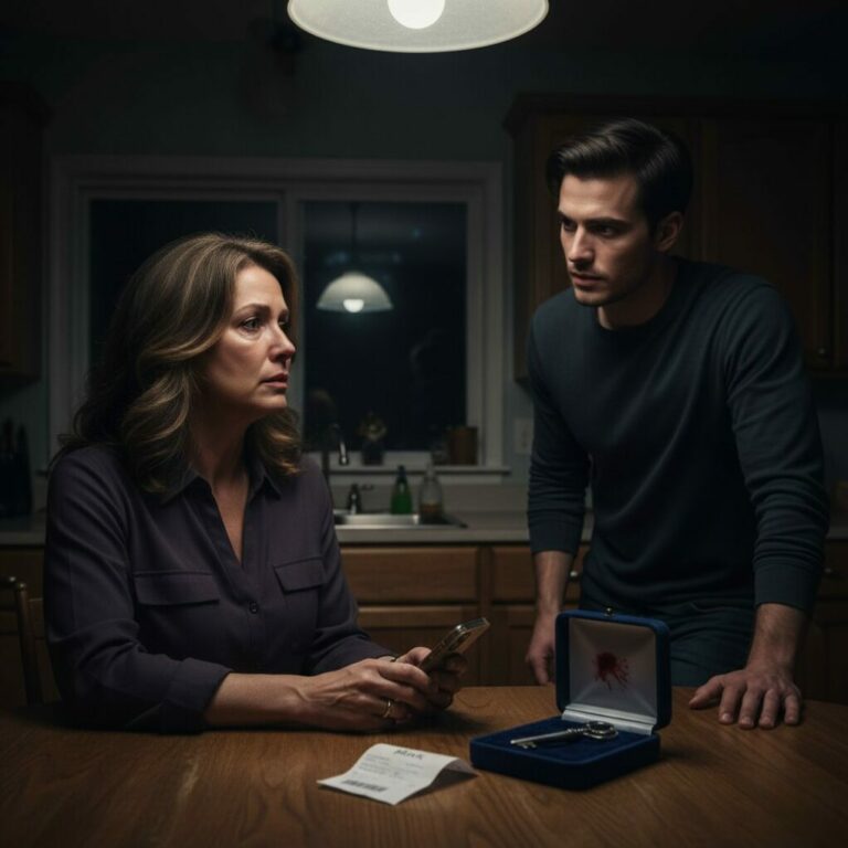 “The stranger’s cold fingers brushed mine as she whispered, ‘Don’t look back, just take it.’ My heart hammered against my ribs like a trapped bird. Back home, I finally pried the blue box open, expecting jewelry or a note. Instead, I found a blood-stained wedding ring and a photo of my son—dated tomorrow. ‘How is this possible?’ I gasped, realizing the nightmare was only beginning. What had I just brought into my house?”