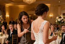 “I heard my mother laugh behind the door and say, ‘She’ll finally be exposed tonight.’ My sister replied, ‘I loosened the seams myself. One pull, and her wedding dress is gone.’ I stood there frozen, realizing my own family had planned my public humiliation. They thought I was weak. They thought I was clueless. What they didn’t know was that I had already prepared my counterstrike.”