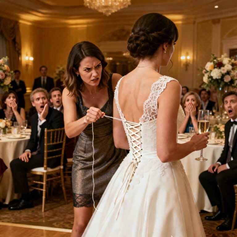 “I heard my mother laugh behind the door and say, ‘She’ll finally be exposed tonight.’ My sister replied, ‘I loosened the seams myself. One pull, and her wedding dress is gone.’ I stood there frozen, realizing my own family had planned my public humiliation. They thought I was weak. They thought I was clueless. What they didn’t know was that I had already prepared my counterstrike.”