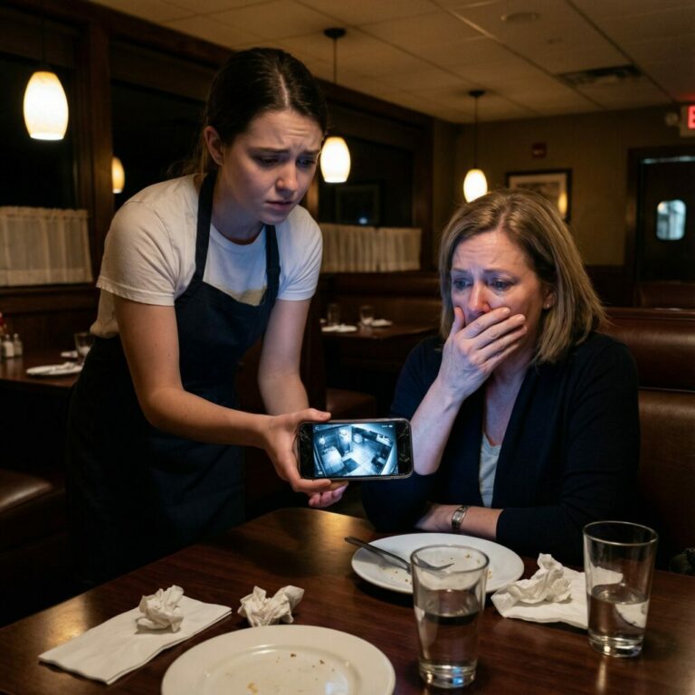 After the family dinner I forgot my phone on the table. When I came back the waitress locked the door and whispered: ‘Be quiet. I’ll show you the camera footage above the table — but promise me you won’t pass out!’. What my son did on that video MADE ME DROP TO MY KNEES…