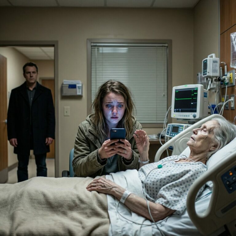 Mi suegra se desplomó de repente y fue trasladada de urgencia al hospital. Justo antes de exhalar su último aliento, me susurró con voz temblorosa: —Huye… mantente lejos de mi hijo… Luego deslizó su teléfono en mi mano. En ese mismo instante, mi esposo entró en la habitación.