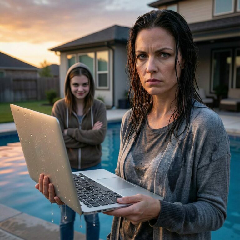 Me negué a prestarle 20.000 dólares a mi hermana menor, Lauren Miller, y en respuesta ella lanzó mi laptop directamente a la piscina. Sonrió y dijo: “Ups, se me resbaló la mano.” Nuestros padres lo llamaron un accidente. Nadie entendió que, en ese instante, no solo se hundía un ordenador: se hundía toda mi carrera.