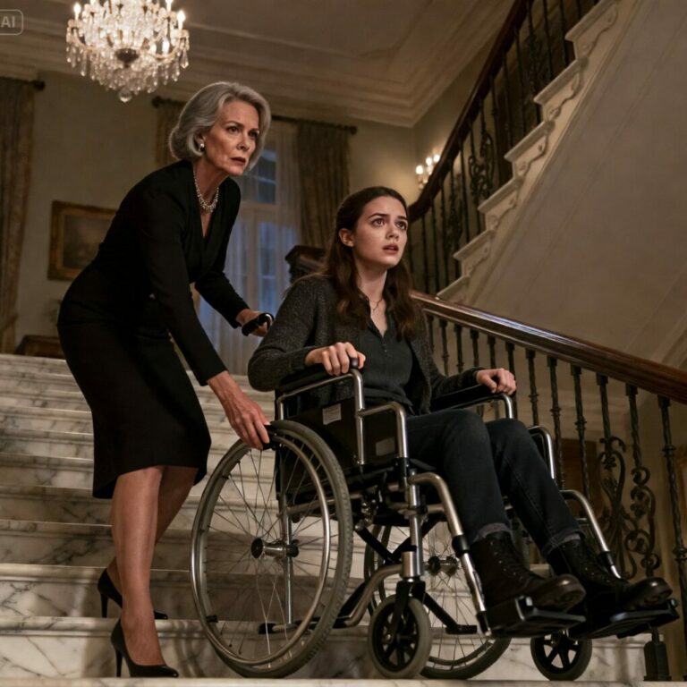 “I can’t walk,” I whispered as my mother-in-law’s hand hovered over the brake of my wheelchair. Her smile was calm. Cold. “That’s exactly why this will look like an accident,” she said. Behind me was a marble staircase. In front of me stood the woman who raised my husband. In that moment, I understood something terrifying. This family didn’t want me gone. They wanted me dead.