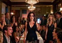 I showed up at our 10th-anniversary dinner with a black eye. The whole room froze. My husband smirked and said, “My sisters taught her respect.” They laughed—like it was a joke. My hands were shaking, but before I could speak, my twin sister stepped forward and whispered, “Enough.” What she did next made everyone gasp… and changed everything for me.