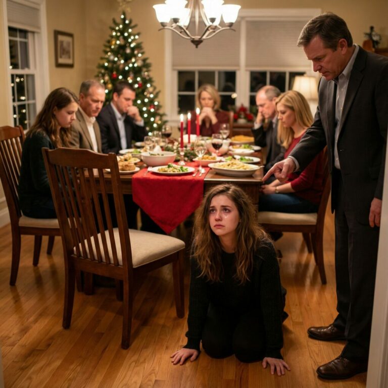 Mi padrastro me empujó en la mesa de Navidad: “Este asiento es para mi hija de verdad, lárgate.” Caí al suelo delante de toda la familia, pero lo que él no sabía era que esa misma noche cambiaría su vida para siempre. A la mañana siguiente, al despertar… 47 llamadas perdidas.