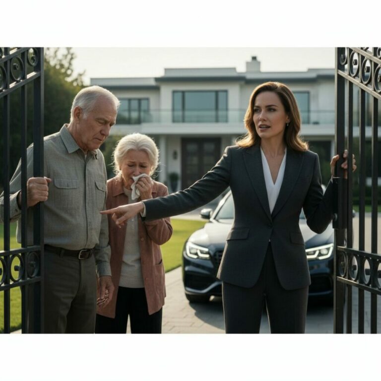 “My father’s last words to me were, ‘You’re a mistake. Get out!’ as he slammed the door on his pregnant daughter. For nine years, I lived in the shadows, fueled by the fire of his rejection. But today, the intercom buzzed. ‘Ma’am, a couple is begging at the gate.’ I looked at the monitors and saw the man who threw me away like trash. Now, he needs me. I leaned into the mic, a cold smile spreading across my face, and whispered…”