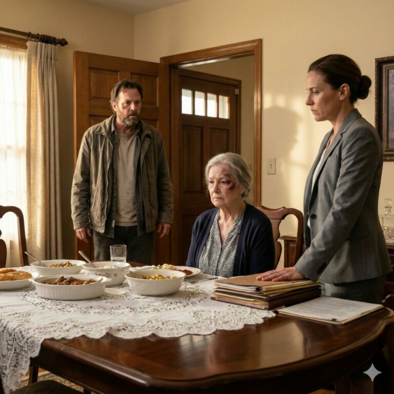 Mi hijo me golpeó, pero guardé silencio. A la mañana siguiente, cociné un banquete suntuoso. Él bajó las escaleras, vio el mantel de encaje y las galletas, sonrió y dijo: ‘Así que, mamá, por fin aprendiste’, pero su rostro cambió de color en cuanto vio a la persona sentada a la mesa…