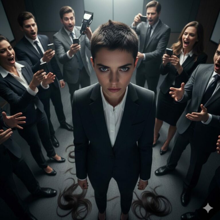 “They laughed as the clippers buzzed, shearing away my dignity. ‘Relax, it’s just a bet!’ my boss sneered, hair falling like dead leaves. I didn’t cry. I just stared at their smirking faces, memorizing every one. ‘You think you’ve won?’ I whispered, a cold smile forming. ‘You just handed me the keys to your destruction.’ Ninety days later, their empires are ash. They lost everything—their jobs, their names, their sanity. Want to know how I broke them?”