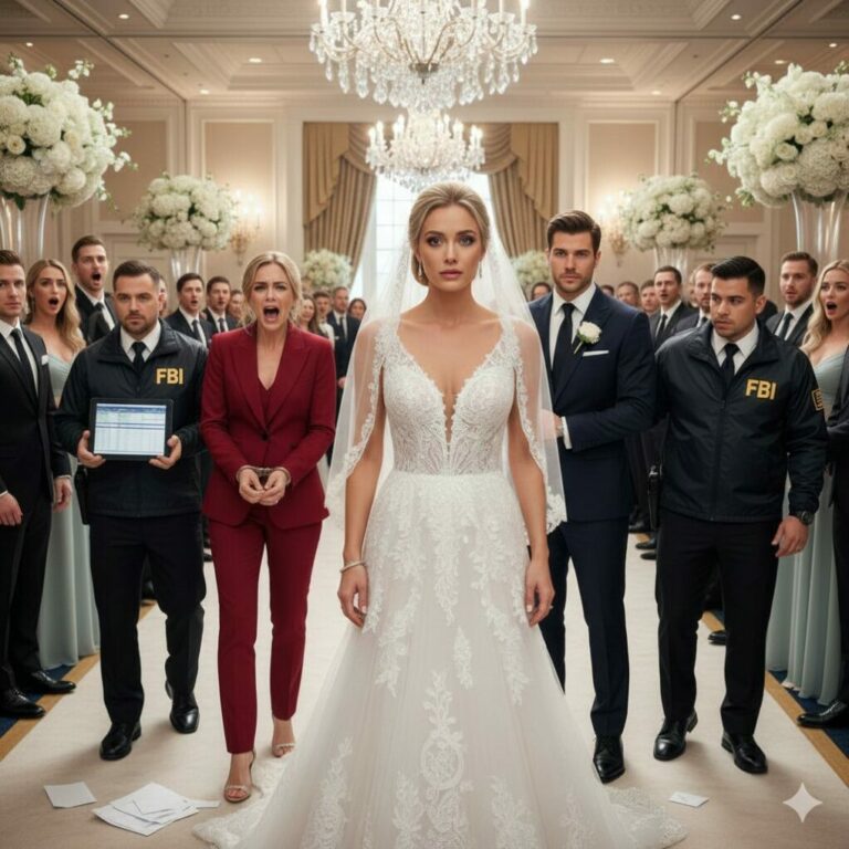 “My sister thought she held the winning card, standing in the middle of my wedding with a smirk. ‘Enjoy your lies while they last,’ she hissed, waving her ‘evidence’ against my inheritance. But as the FBI’s sirens wailed outside, her face drained of color. I leaned in, whispering, ‘The investigators you hired? They didn’t find my lies—they found yours.’ Now, as the handcuffs click shut, I wonder: was her ego worth a lifetime behind bars?”