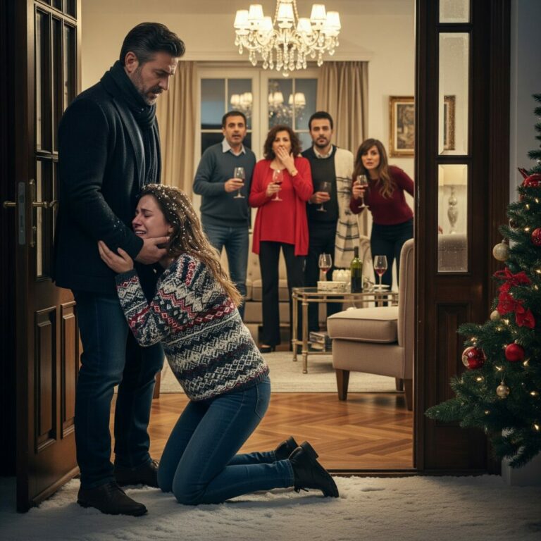 Llegué en Navidad sin avisar, pero nada me preparó para verla allí, temblando bajo la nieve, abandonada por la familia de su propio marido. La tomé en mis brazos mientras dentro todos reían frente a la chimenea. Empujé la puerta, el silencio cayó de golpe y dije, con la voz helada como la noche: “No volveré a permitir esto.” Y entonces… todo estalló.