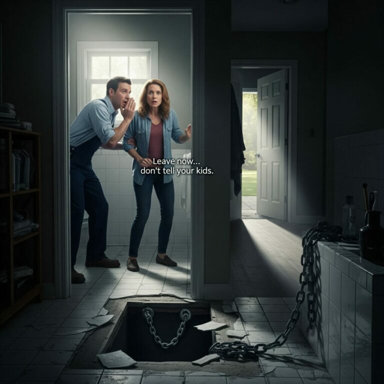 The plumber froze mid-sentence, his wrench clattering to the tiles. His face drained of color. “Pack your things and leave. Now,” he whispered, trembling. “And whatever you do… don’t tell your kids.” A chill crawled up my spine. I glanced toward the basement door—the one we’d kept locked for years—and something thumped from below. Heart racing, I grabbed our bags and ran… but I still hear that sound.