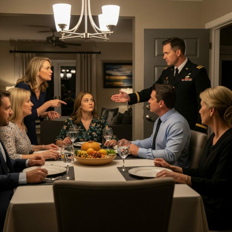 You’re embarrassing this family!” Mom snapped, eyes blazing across the table. My brother smirked, “Deadbeat.” Heat crawled up my neck, and I was about to disappear under their judgment when the front door creaked. My sister’s husband walked in, uniform crisp, and froze. Every eye followed him. Then he saluted me—sharp and trembling—and said, “Ma’am.” Dad’s fork clattered to the floor. My sister’s face drained of color. My heart pounded: what secret had just walked into the room?”