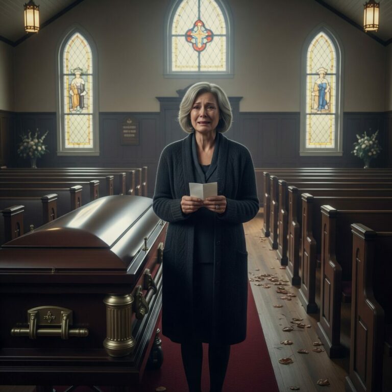 At my husband’s funeral, I stood alone. The pews were empty. “Not even one of you?” I whispered, my voice cracking. My children had chosen parties over their father’s goodbye. Tears blurred my vision as I gripped the program. The next morning, I opened the door… and found something that made me question everything I thought I knew about him.