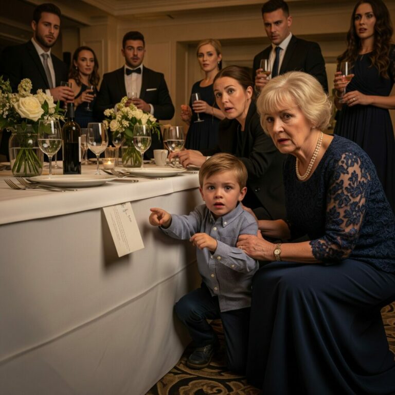 I was sitting quietly with my five-year-old grandson at my son’s second wedding, trying to enjoy the ceremony. Suddenly, his tiny hand gripped mine, ice-cold. “Grandma… I want to leave now,” he whispered, voice shaking. My heart skipped. “What’s wrong, darling?” I asked. His eyes darted under the table. “Haven’t you looked under the table?” he gasped. I froze. Something was there… and it wasn’t supposed to be.
