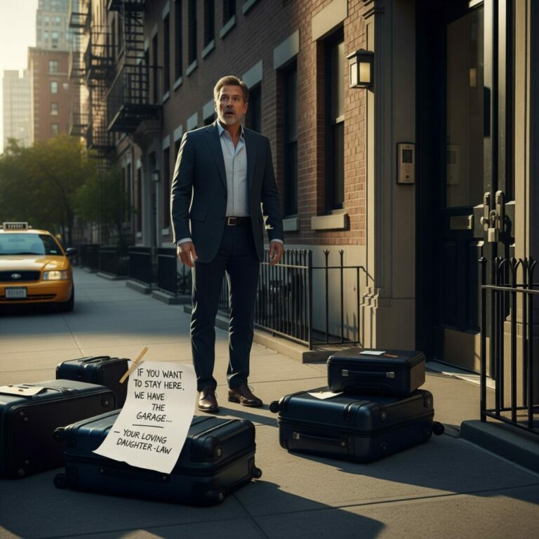 I pulled up to my apartment after a week away, expecting silence. Instead, my bags were dumped on the sidewalk, and a note fluttered in the wind: “If you want to stay here, we have the garage… – Your loving daughter-in-law.” My hand shook as I dialed the bank before the taxi arrived. “Hello? Yes, I’m calling about the mortgage… because apparently, I’m the one still paying it.”