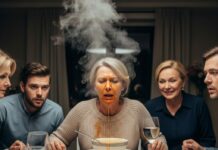 At dinner, her hand shook with fury as a scalding splash hit my face. “That’s what you deserve!” she hissed. My son’s eyes widened. “She’s right, Mom!” Pain seared, but I stayed silent, dabbing at the burn, and slowly rose. Before walking out, I made one call. Minutes later, the quiet shattered. What happened next… they would never, ever forget. And I smiled, because I had won—without a word.