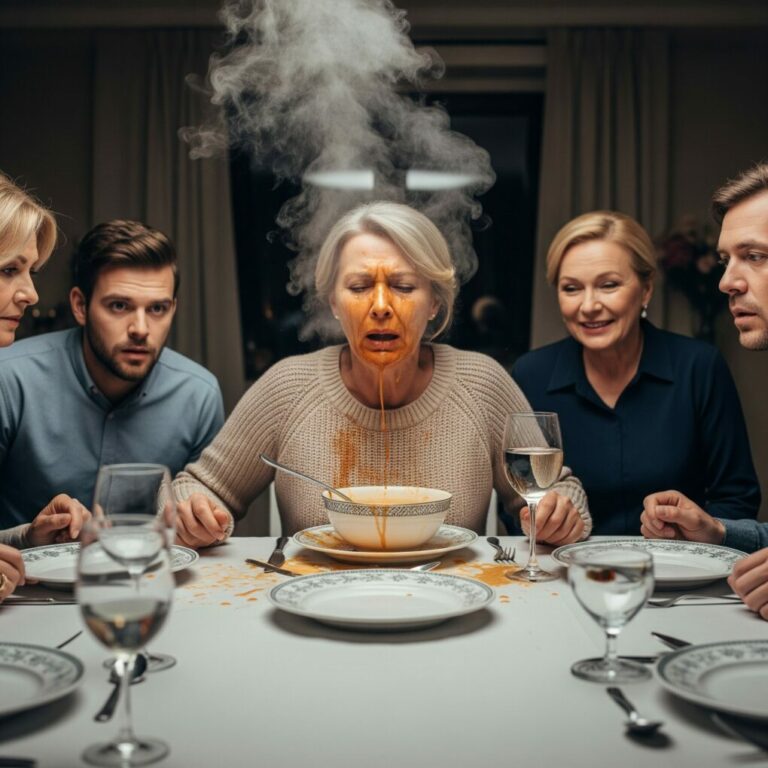 At dinner, her hand shook with fury as a scalding splash hit my face. “That’s what you deserve!” she hissed. My son’s eyes widened. “She’s right, Mom!” Pain seared, but I stayed silent, dabbing at the burn, and slowly rose. Before walking out, I made one call. Minutes later, the quiet shattered. What happened next… they would never, ever forget. And I smiled, because I had won—without a word.