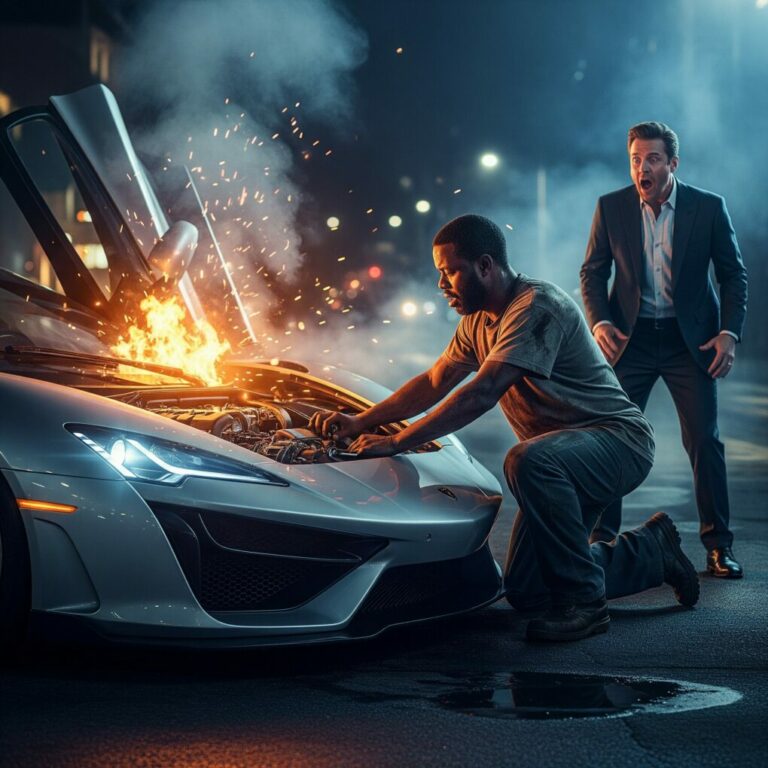 “I can fix it,” I said, crouching beside the charred engine. The billionaire laughed, disbelief in his eyes. ‘You? Homeless? My $4.2 million car?’ Smoke swirled, sparks flew, and in minutes, I did the impossible. His jaw dropped. “How… how did you—?” I just shrugged. “Some things money can’t buy.” And as he stared, something shifted—my world, his world… and everything we thought we knew.