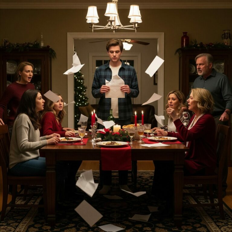They kicked me out in the middle of Christmas dinner. “We’ve all decided—you should leave and never come back,” my sister declared, her voice trembling with fake confidence. I felt every eye burn into me… and I just smiled. “Alright then. I suppose you won’t be needing this.” I ripped the envelope clean in half. Their faces drained. Then came the screaming. And that’s when everything truly began.