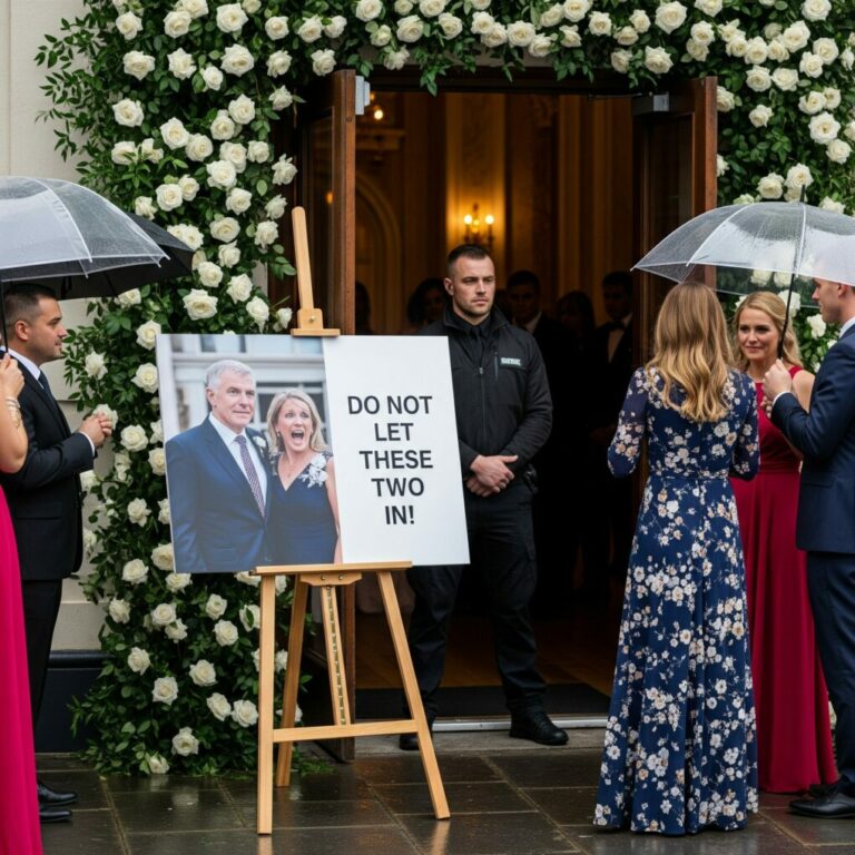 The moment I saw our faces plastered beside the sign “Do not let these two in!” my breath snapped. My husband whispered, “She really doesn’t want us here…” and something inside me shattered. We walked away in silence, leaving our daughter to the celebration she thought she wanted. Three hours later, her call came—voice shaking—“Mom… everything’s gone wrong.” And that was the moment her wedding truly ended.