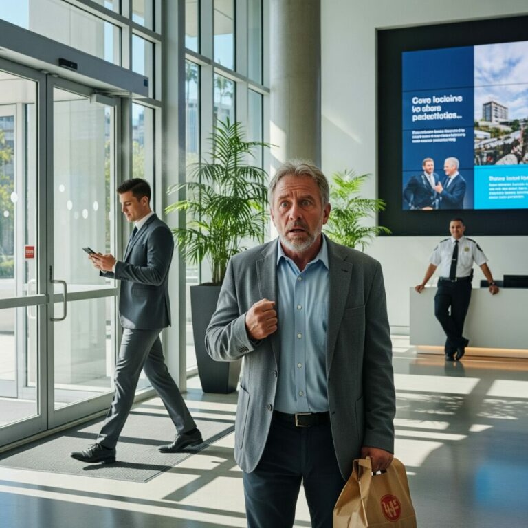 “I told the guard I was her husband. He laughed. ‘Sir, I see him every day… there he is.’ My blood ran cold. There he was—my wife’s other husband, walking through the lobby like he owned my life. For twenty-eight years, I thought I knew her. Now I knew nothing. I whispered to myself, ‘This isn’t real… it can’t be real.’ But it was. And everything I believed, everything I built, was about to crumble.”