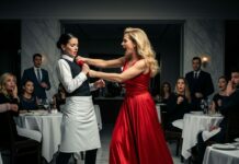 The wine glass shattered, and she ripped my uniform right in front of everyone. ‘You pathetic little waitress! I’ll ruin you!’ she screamed. I froze, but then I remembered the security cameras—and my husband watching from upstairs. Little did she know, her plan was about to backfire in the most shocking way. How far would someone go for revenge, and would I survive her wrath?