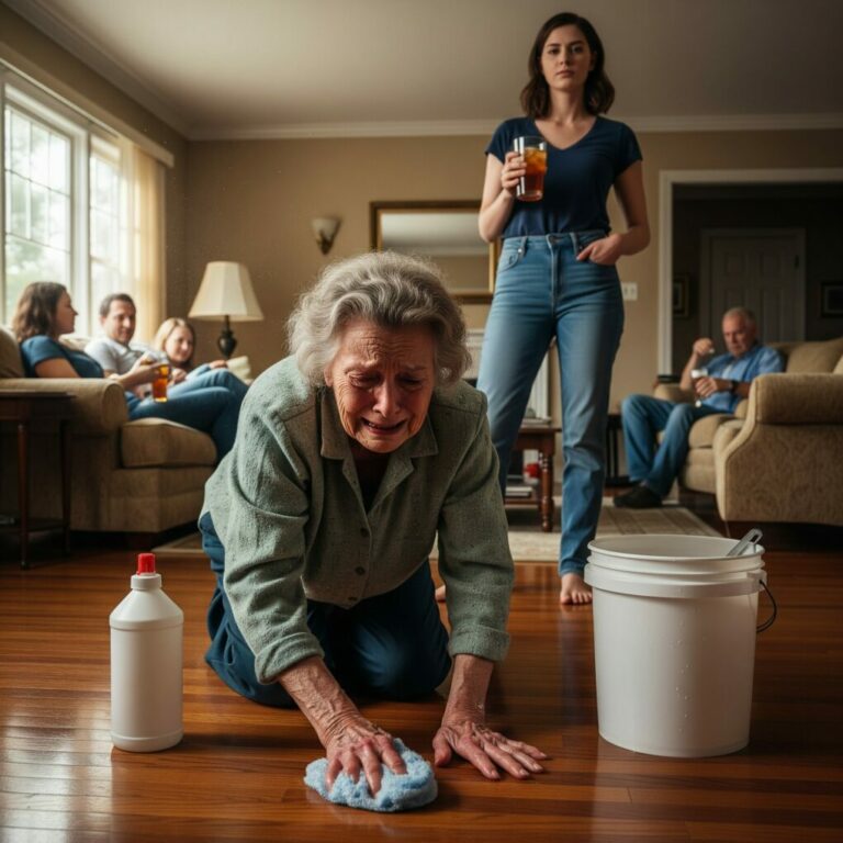 “I said drop the mop, Mom.” My son’s voice cut through the room like a blade, but I was already on my knees, scrubbing harder as my daughter-in-law smirked behind him. Then the front door slammed. Silence followed. “Why is my mother cleaning the floor like this?” No one answered. And in that moment, I knew the truth was about to destroy our family.
