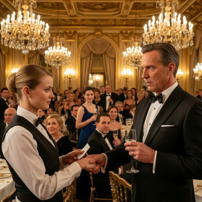 “Wait—don’t drink that!” I hissed, sliding the note into his hand, heart pounding like a drum. Jonathan froze mid-toast, champagne trembling in his grasp. “Who sent this?” he asked, eyes sharp. “It doesn’t matter,” I whispered. “Just leave. Now.” The ballroom suddenly felt like a cage. Every smile, every laugh, every eye on him—it wasn’t celebration anymore. It was a countdown. And I knew if he didn’t move fast, it would be his last toast.