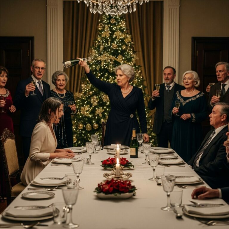 They thought I’d cry,” I remember thinking as champagne dripped down my face. My husband stood there holding divorce papers, his mother smiling like she’d won a war. “Sign it and leave quietly,” she said. So I smiled, picked up the pen… and realized none of them knew what was hidden in my purse. That was the moment their perfect Christmas began to die.