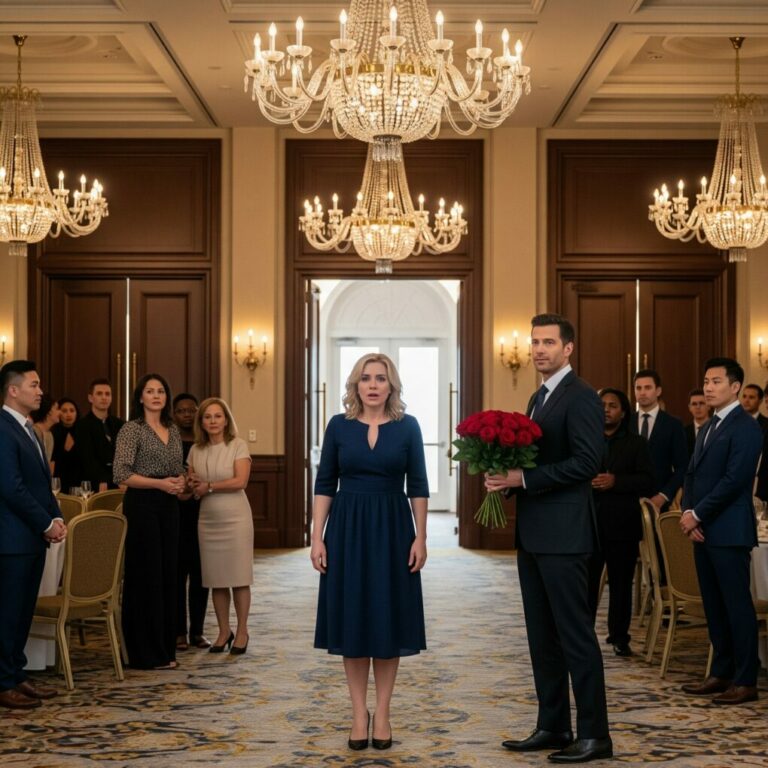 Everyone stared as I walked in alone. ‘Where’s your husband, Daisy? Did he finally leave you?’ Mia sneered. I froze, heart pounding. Then the doors opened, and Jonathan appeared, holding red roses. ‘Did you really think I’d miss this?’ he shouted, eyes locking on mine. The room gasped. I couldn’t breathe. He’d been lying about Seattle all along. My world flipped in a single heartbeat—what else was he hiding?