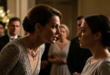 “I think you’re sitting in the wrong place,” the bride’s mother said coldly, glancing at my dress. “Family doesn’t sit with the staff.” I froze. Around me were waiters in uniform, holding plates. I whispered, “I am family.” She smiled. “Not the kind that belongs here.” What she didn’t know was that my husband owned this entire venue—and he was about to walk in.