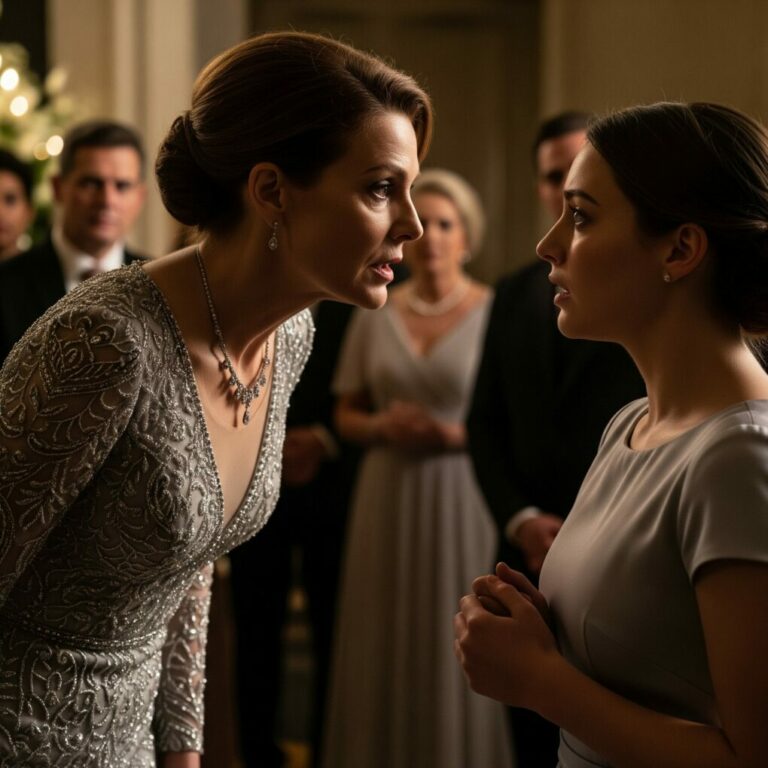 “I think you’re sitting in the wrong place,” the bride’s mother said coldly, glancing at my dress. “Family doesn’t sit with the staff.” I froze. Around me were waiters in uniform, holding plates. I whispered, “I am family.” She smiled. “Not the kind that belongs here.” What she didn’t know was that my husband owned this entire venue—and he was about to walk in.