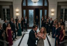 “I want a divorce.” The words cut through the room while fifty guests stared at me. My husband’s hand tightened around my arm as he whispered, “You should’ve known your place.” I felt my knees weaken, tears burning my eyes—until headlights flooded the doorway. A stranger stepped inside and said quietly, “She’s not leaving. She’s my granddaughter.” That was the moment everything shattered—and began.