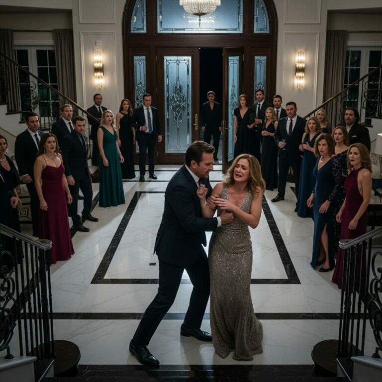 “I want a divorce.” The words cut through the room while fifty guests stared at me. My husband’s hand tightened around my arm as he whispered, “You should’ve known your place.” I felt my knees weaken, tears burning my eyes—until headlights flooded the doorway. A stranger stepped inside and said quietly, “She’s not leaving. She’s my granddaughter.” That was the moment everything shattered—and began.