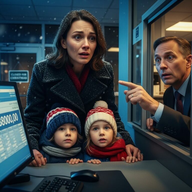 “Snow fell on Christmas Eve, but my heart was frozen for a different reason. My husband had just tossed our suitcases—and our children—onto the icy curb. ‘You’re worthless without my money,’ he sneered, slamming the door. Desperate, I handed the banker my late mother’s dusty debit card. His face went white as he gasped, ‘Ma’am… you need to see this balance immediately.’ My breath hitched. I wasn’t just surviving; I was about to become his worst nightmare.”