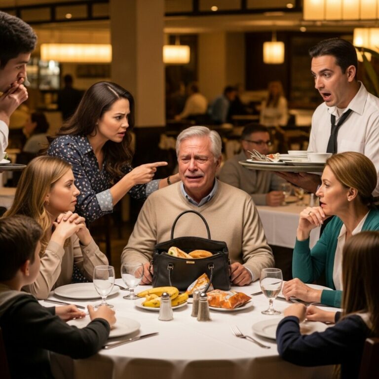 I froze when my daughter-in-law slammed her purse on the table and shouted, “He stole food from my bag!” The restaurant went silent. My wife wouldn’t even look at me. Humiliated, I whispered, “I didn’t touch anything.” People stared like I was guilty. Just as I felt completely broken, the waiter stepped forward and said something that changed everything…