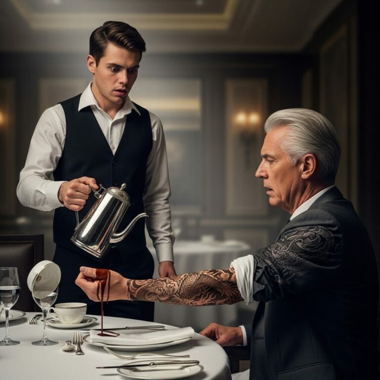 I was just a waiter refilling coffee when I spilled it on his sleeve. “I’m so sorry, sir—” Then I saw the tattoo. The same symbol. Same place. Same scar beneath it. My voice dropped. “My mother has that exact tattoo.” His cup shattered on the floor. He went to his knees and whispered, “She finally had a child.” That’s when my entire past cracked open.