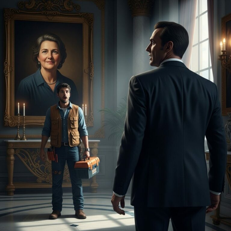 I was halfway up a ladder fixing a chandelier in a billionaire’s mansion when a massive portrait on the wall made my heart stop. The woman in it looked exactly like my mother—same eyes, same smile, everything. I whispered, “Impossible…” When I confronted the billionaire, he went pale and stammered, “You… weren’t supposed to see that.” And what he told me next didn’t just shake me— it destroyed everything I thought I knew about my family.