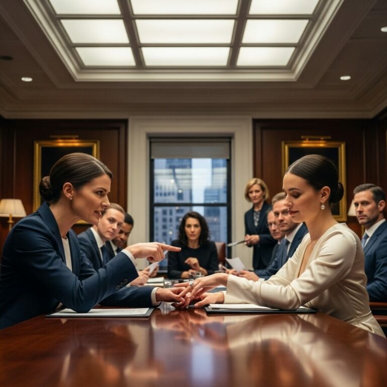 “During the shareholders’ meeting, the director’s wife pointed at the chairman’s wife’s ring with a disdainful expression.”