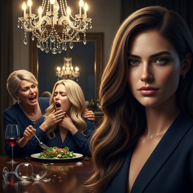 “The salad smelled like bitter almonds—a scent no ‘chef’ would ever use. ‘Eat up, dear, it’s a special recipe,’ my mother-in-law whispered, her eyes gleaming with a terrifying hunger. While she turned to grab the wine, I swapped my plate with my bullying sister-in-law’s. She took a massive, smug bite. Suddenly, her fork clattered. She gasped, clutching her throat as her face turned a sickly purple. ‘What did you put in this?!’ she choked out. I simply smiled, leaning in close. ‘Ask your mother.'”