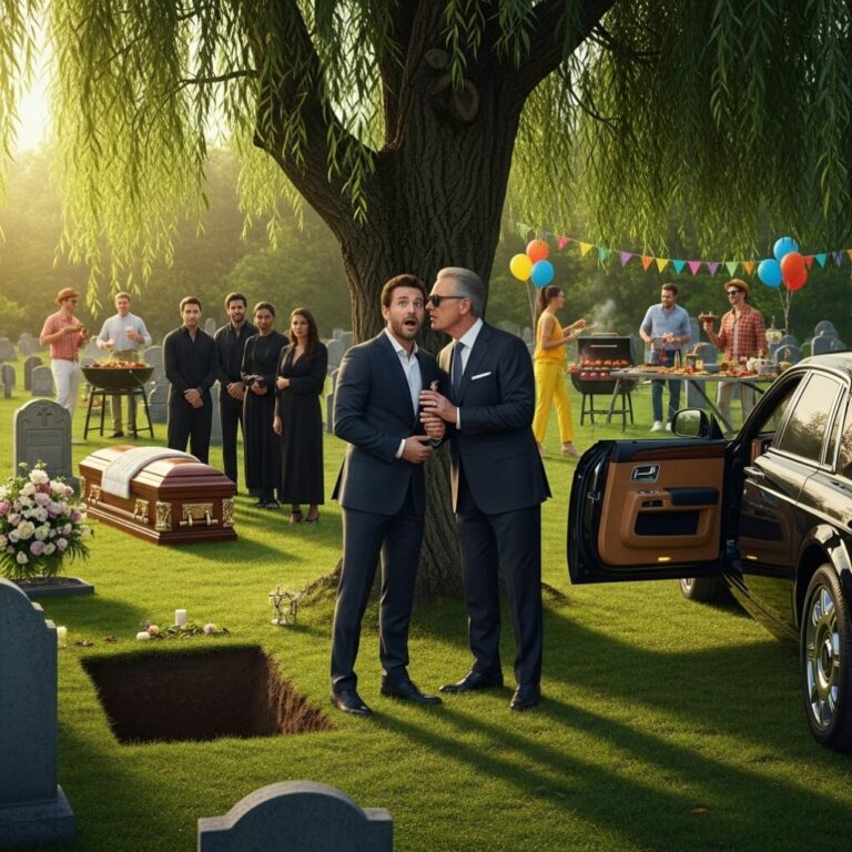 I thought my father’s funeral couldn’t get any worse—until my wife’s family turned it into a backyard joke. I was ready to walk out when a luxury car rolled up and a billionaire stepped out, eyes locked on mine. He whispered, “We need to talk. You don’t know who your father really was.”  My heart stopped. What truth could possibly justify that look on his face?