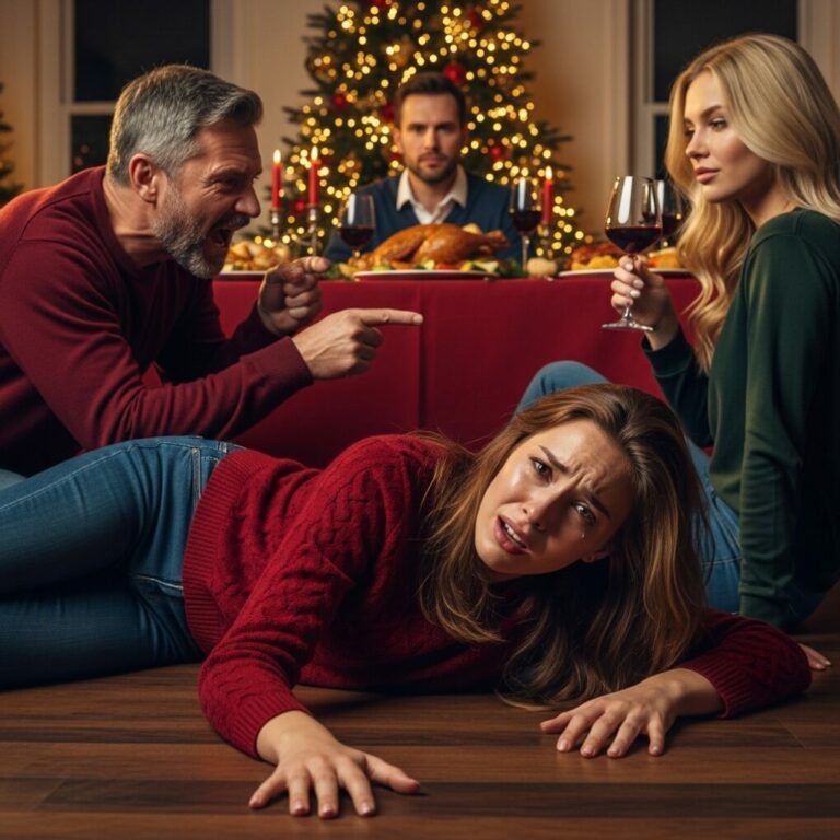 “The turkey was still steaming when my stepfather’s hand slammed into my shoulder. ‘Get out! This seat belongs to my real daughter,’ he roared, sending me crashing to the floor. As the family stared in silence, I didn’t cry. I just smiled, clutching the legal documents in my pocket. He thought he was throwing me out of his house, but by sunrise, he’d realize I was the one who actually owned it. When his phone starts ringing tomorrow… it won’t be a ‘Merry Christmas’ call.”