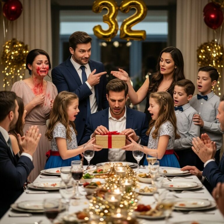 I never imagined my 32nd birthday dinner would destroy everything. When my husband walked in with a strange woman and two kids, he raised his glass and said, “Everyone… meet my second family. I’ve hidden them for eight years.” The room froze—so did I. But the real shock came when my twin daughters handed him a small box and whispered, “This is for you, Dad.” What he saw inside made his hands tremble… and changed everything.