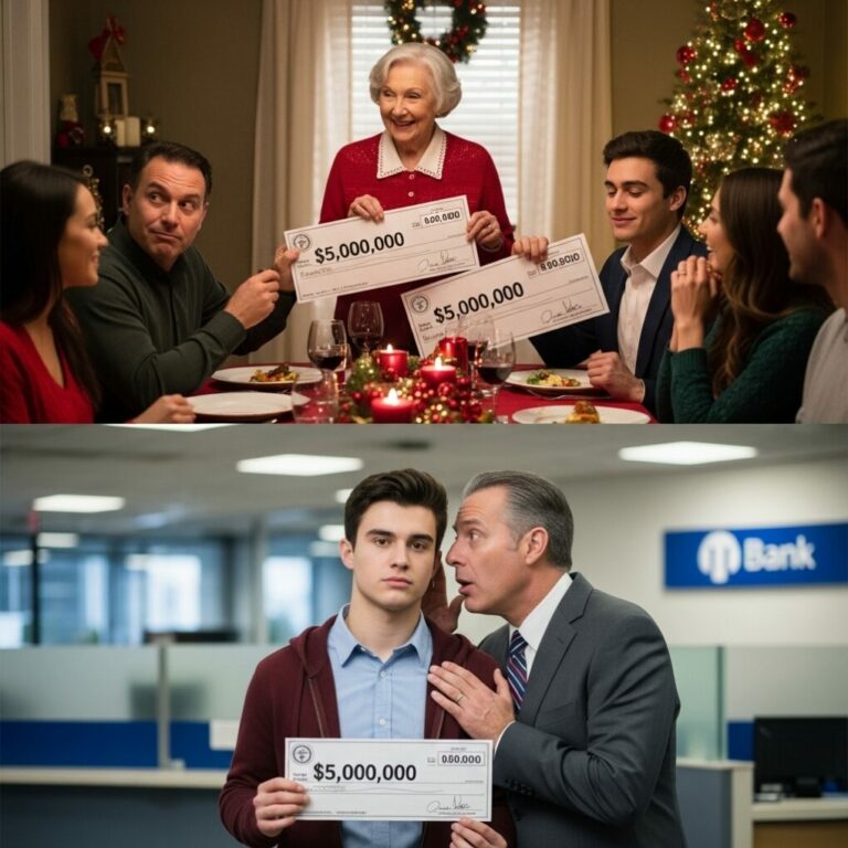 I never expected Christmas dinner to turn into a humiliation show. When Grandma handed each of us a $5 million check, my whole family burst out laughing. Dad leaned toward me and hissed, “It’s fake, don’t be an idiot.” Something in me said to keep quiet, so I slipped mine into my pocket. But the next morning at the bank, the manager’s smile collapsed. He whispered, “Sir… we need to talk.” And that’s when everything changed.