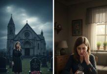 On the day of my husband’s funeral, I stood alone beside his casket—no parents, no siblings, no family except me. They were busy celebrating an anniversary party. As I whispered, “You deserved better…,” my phone buzzed. It was his mother texting: “Hope you handled everything.” But the next morning, when I opened my door and saw who was waiting for me, my heart dropped. Nothing could’ve prepared me for what they said.