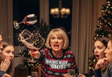 During Christmas dinner, she hurled a glass at my face and screamed, “Maids must obey!” Everyone froze, but I refused to lower my eyes. That night, I went to bed shaking with anger, replaying her words over and over. But the next morning, her scream echoed through the entire house. “What did you do?!” she shrieked. I stood in the doorway, watching her crumble—because she had no idea the truth was finally staring back at her.