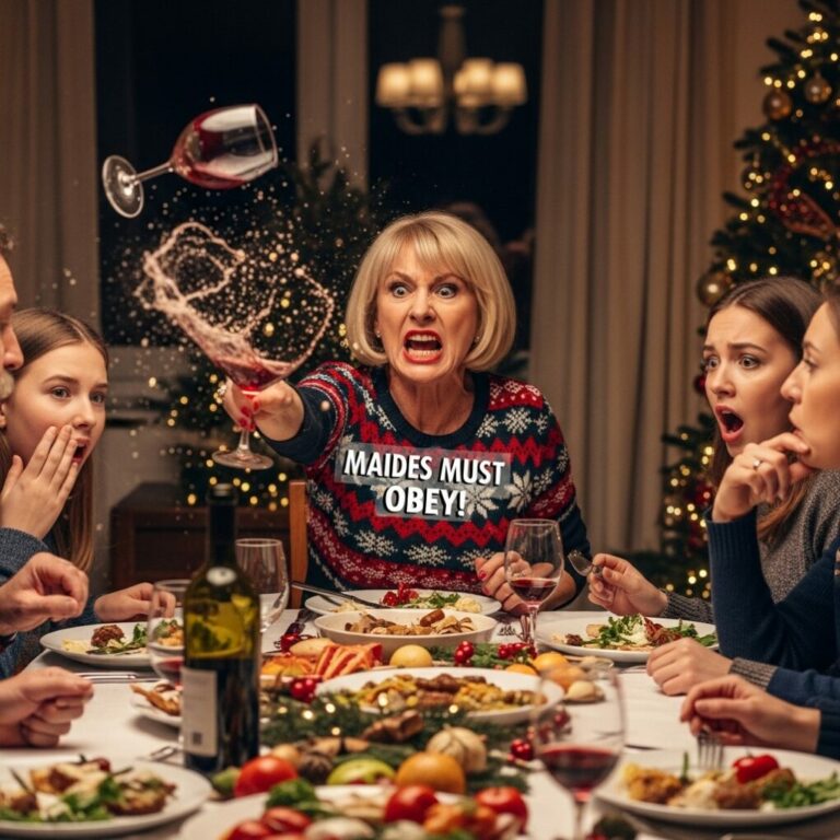 During Christmas dinner, she hurled a glass at my face and screamed, “Maids must obey!” Everyone froze, but I refused to lower my eyes. That night, I went to bed shaking with anger, replaying her words over and over. But the next morning, her scream echoed through the entire house. “What did you do?!” she shrieked. I stood in the doorway, watching her crumble—because she had no idea the truth was finally staring back at her.