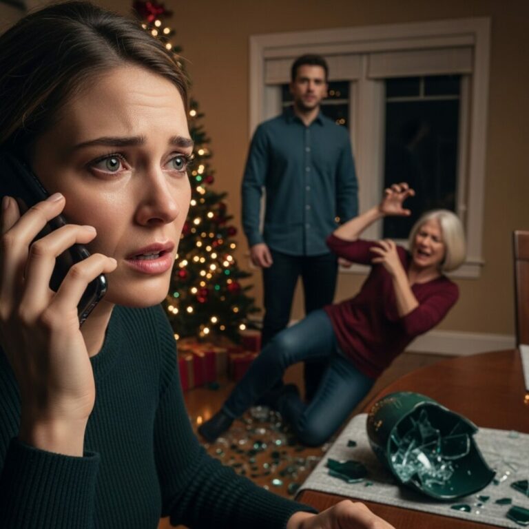 “The silence at the Christmas table was deafening after my mother-in-law shrieked, ‘You’re such a useless wife!’ in front of everyone. I felt the heat rise in my chest, but I didn’t cry. I stood up, looked her dead in the eye, and whispered, ‘Then stop calling me every time you need money.’ The room gasped, but what she did next turned my triumph into pure terror. I had no choice; I grabbed my phone and dialed 911.”